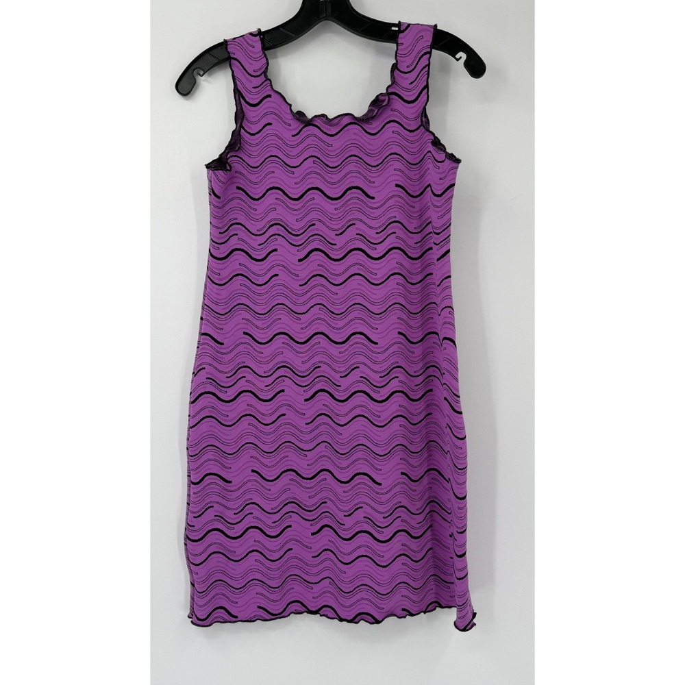 Haystacks Womens Medium Purple Black Wavy Pattern Lettuce Edge Shift Dress USA